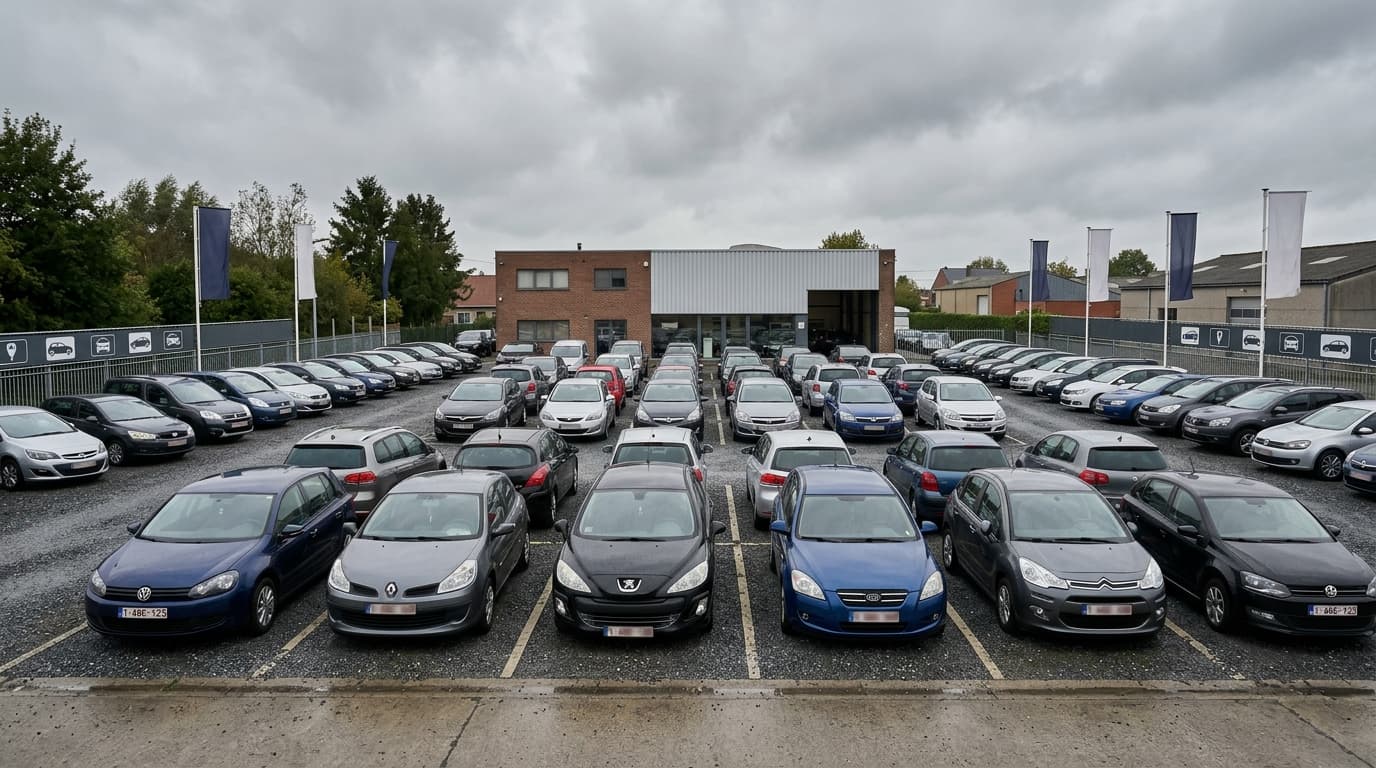 Voiture d'occasion garée devant un garage belge