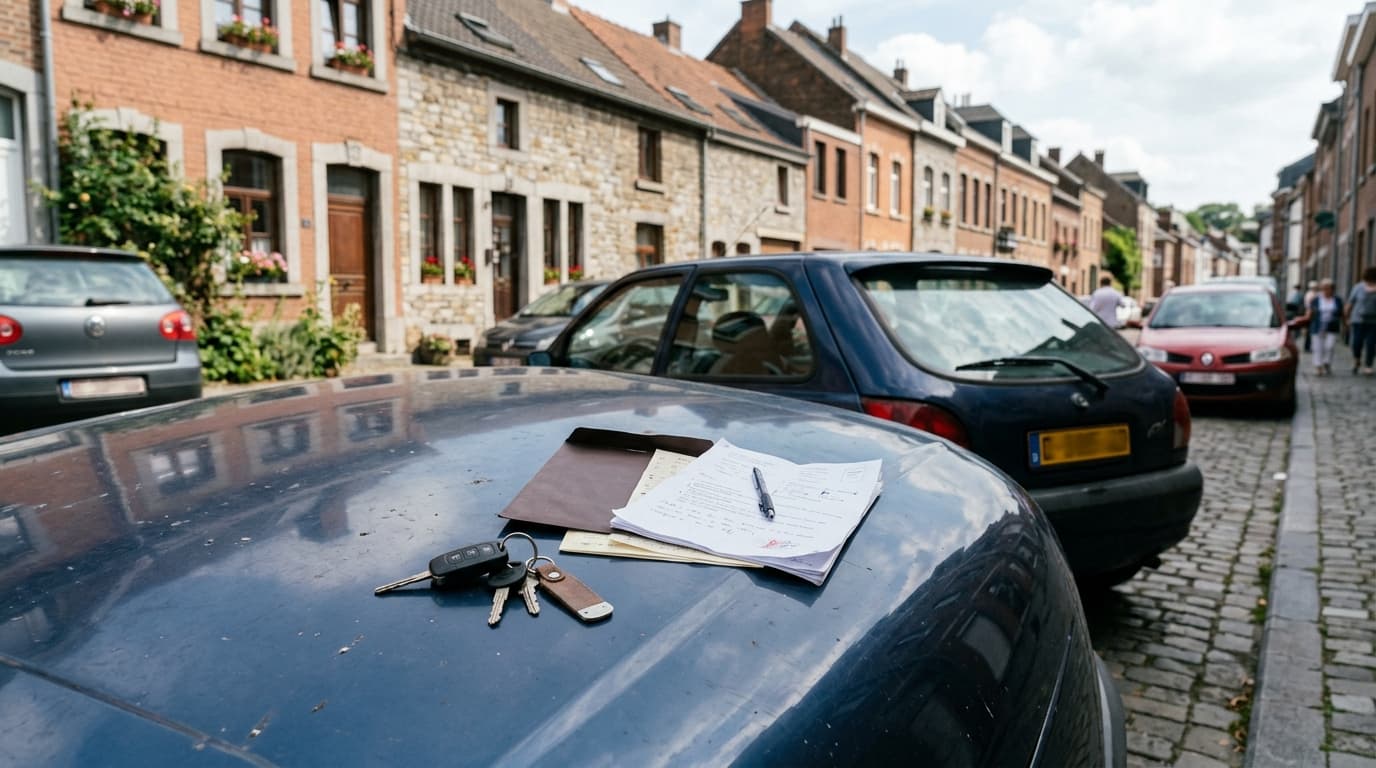 Documents d'achat d'une voiture d'occasion sur un bureau en Belgique