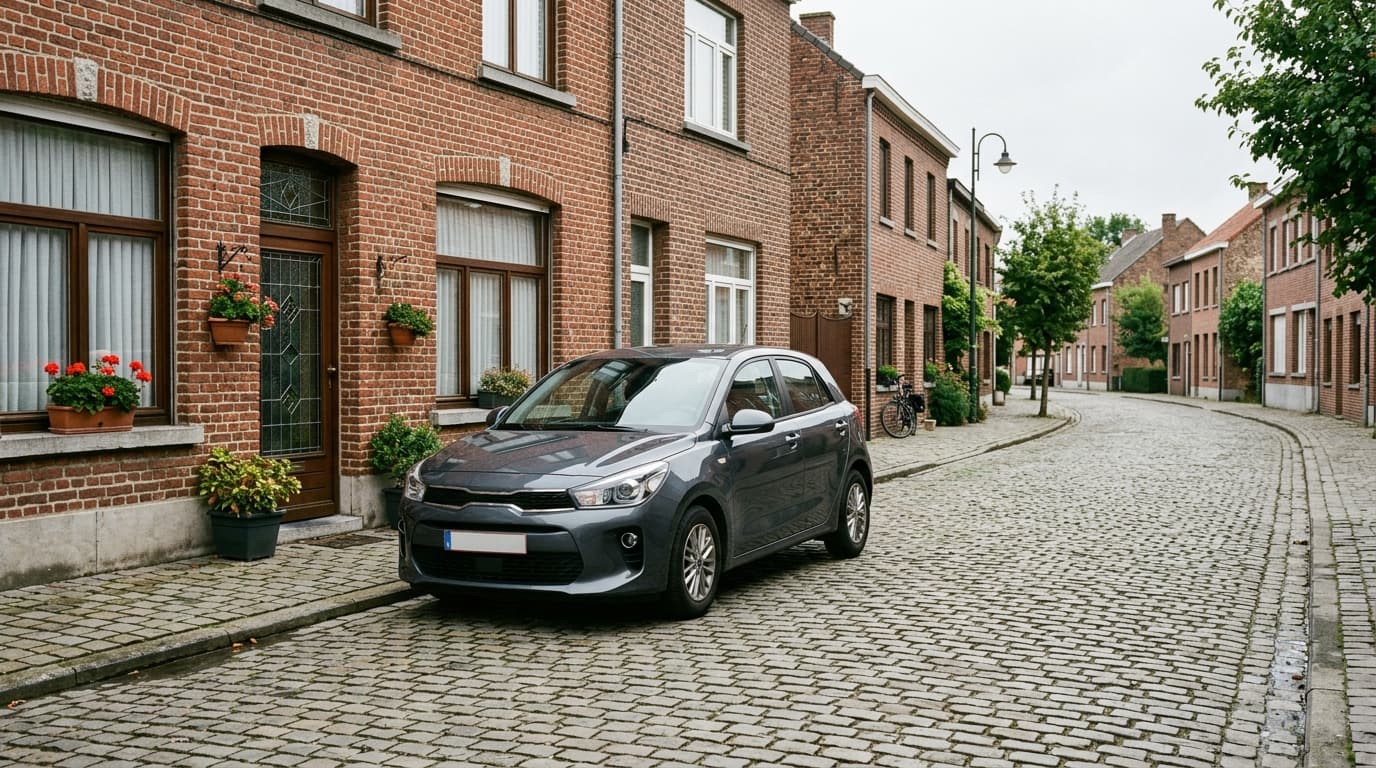 Citadine garée devant une maison belge