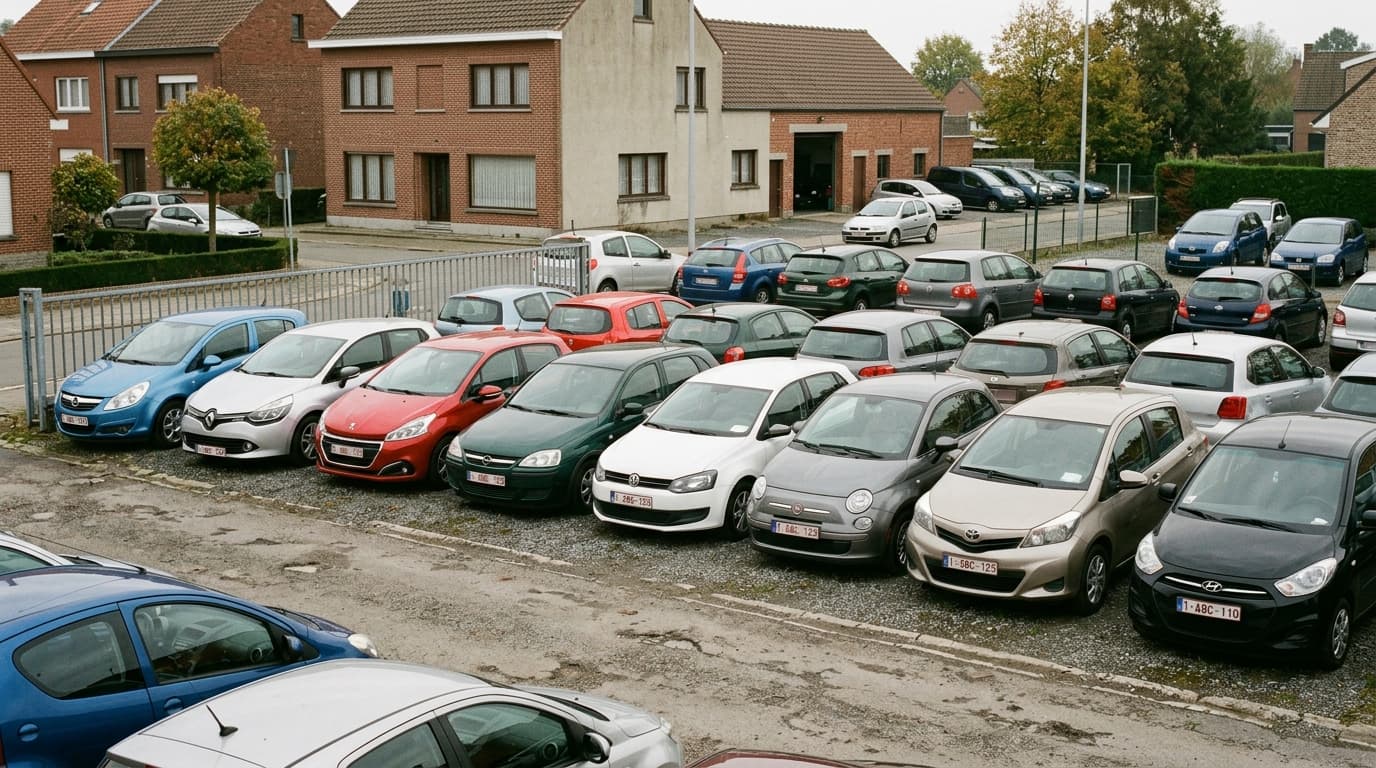 Petites voitures d'occasion alignées chez un vendeur belge, marché de l'occasion citadine