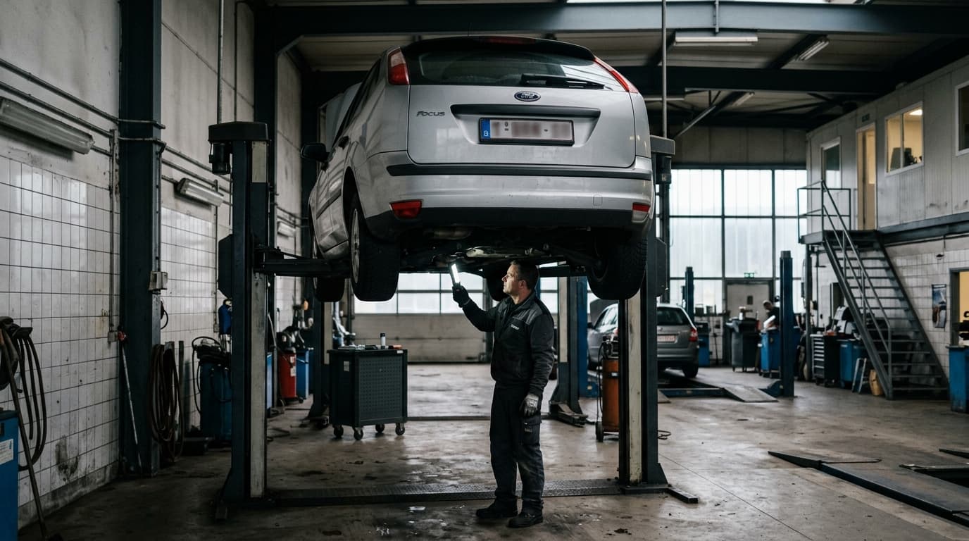 Véhicule sur le pont d'un centre de contrôle technique en Belgique
