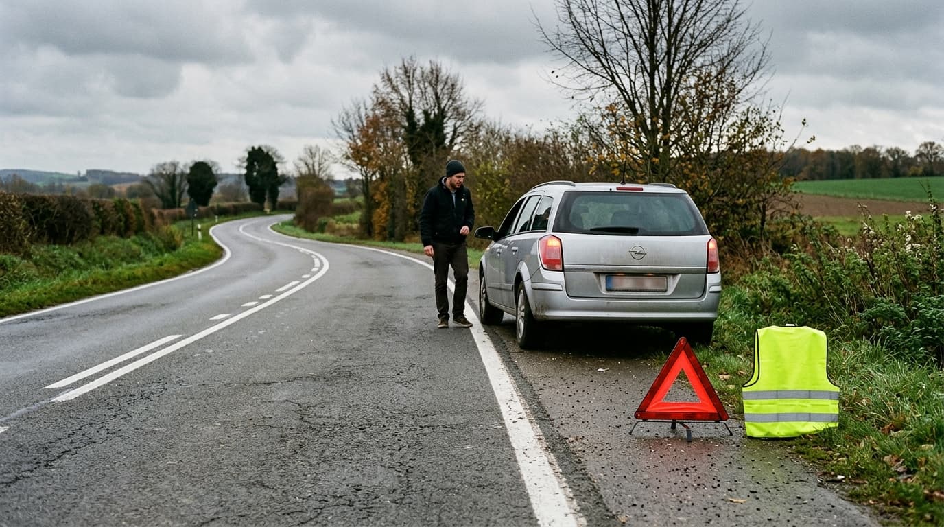 Équipement hivernal rangé dans le coffre d'une voiture immatriculée en Belgique