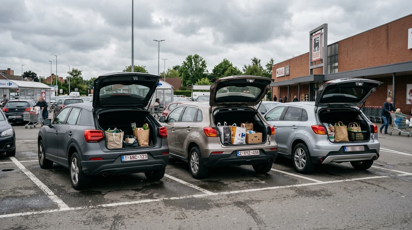 Trois petits SUV de couleurs différentes garés côte à côte sur un parking belge, coffres ouverts