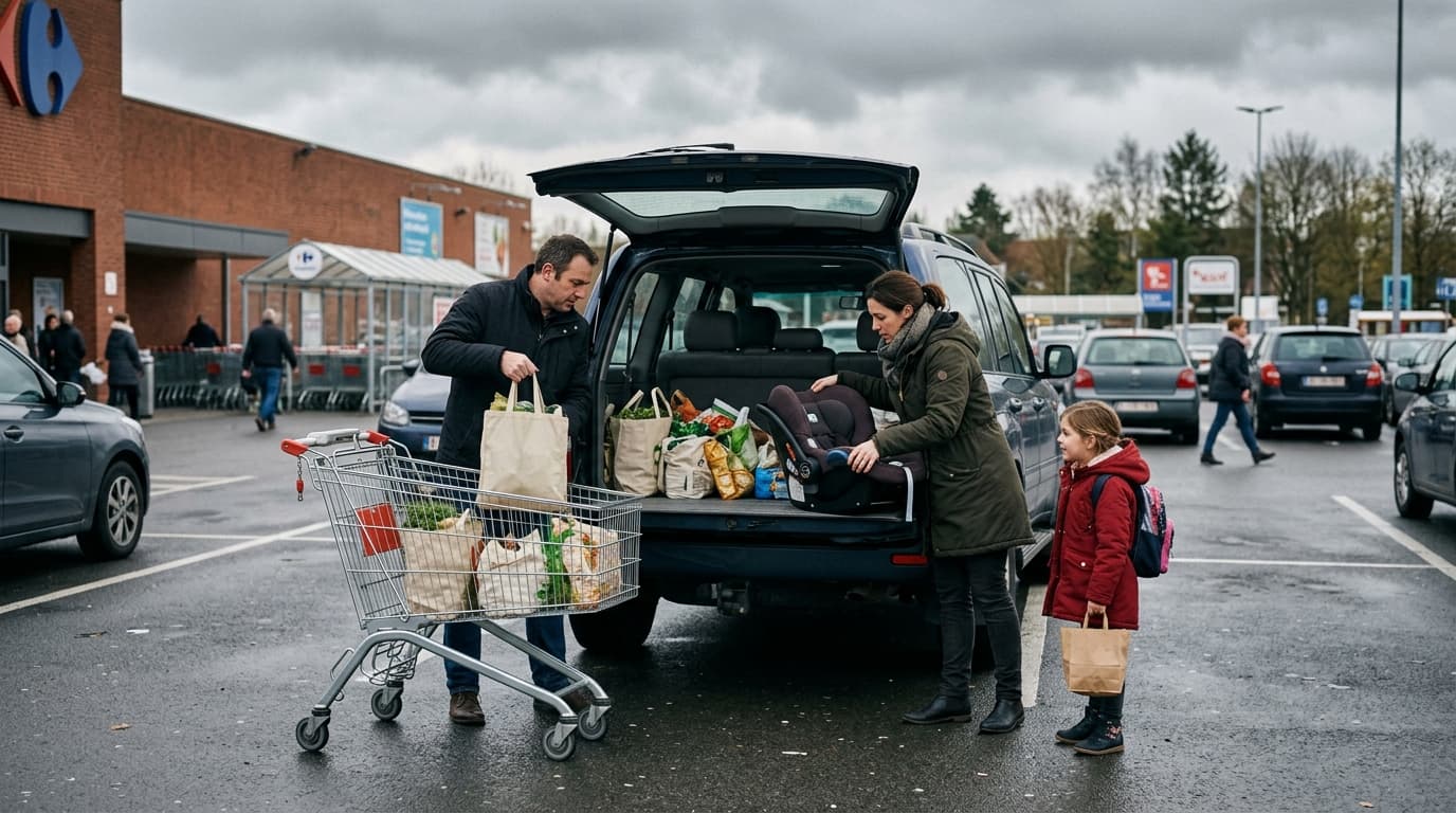 Famille chargeant un SUV 7 places sur un parking en Belgique, usage familial 2026