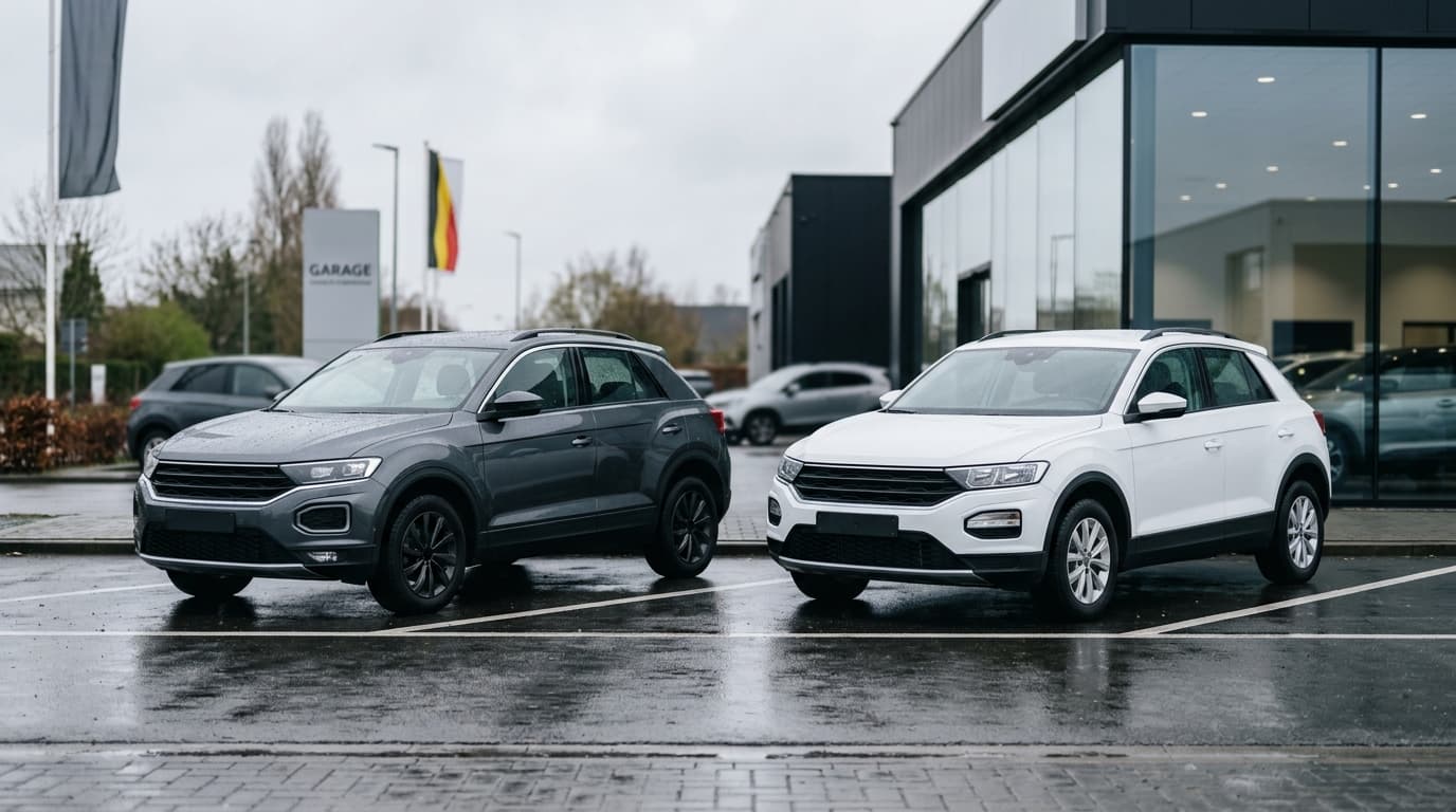 Deux SUV compacts comparés côte à côte dans une concession belge, comparatif 2026