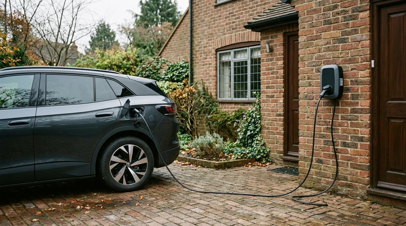 Câble de recharge branché sur une wallbox domestique devant une maison belge