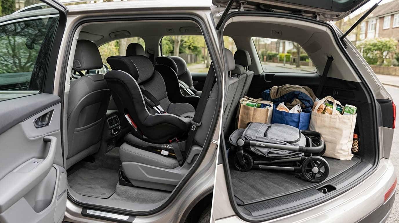 Sièges enfant montés sur fixations ISOFIX à l'arrière d'un SUV familial spacieux avec coffre chargé en 2026