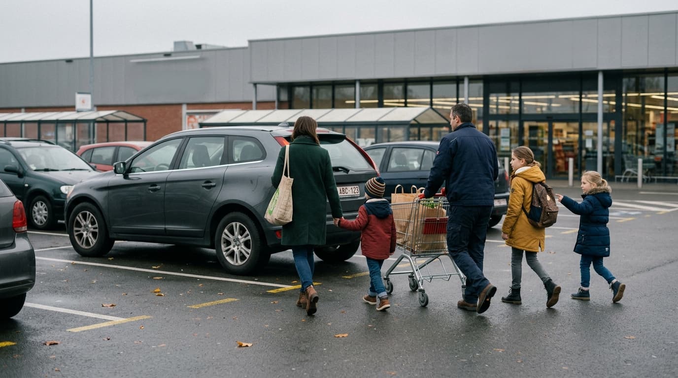 Famille marchant vers un SUV familial sur un parking de supermarché en Belgique en 2026