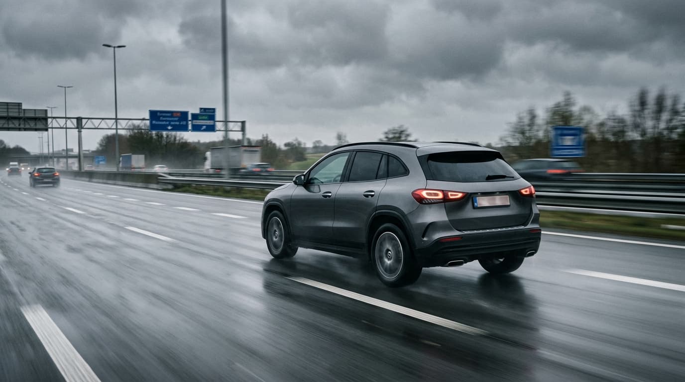 SUV roulant sur une autoroute belge sous un ciel gris