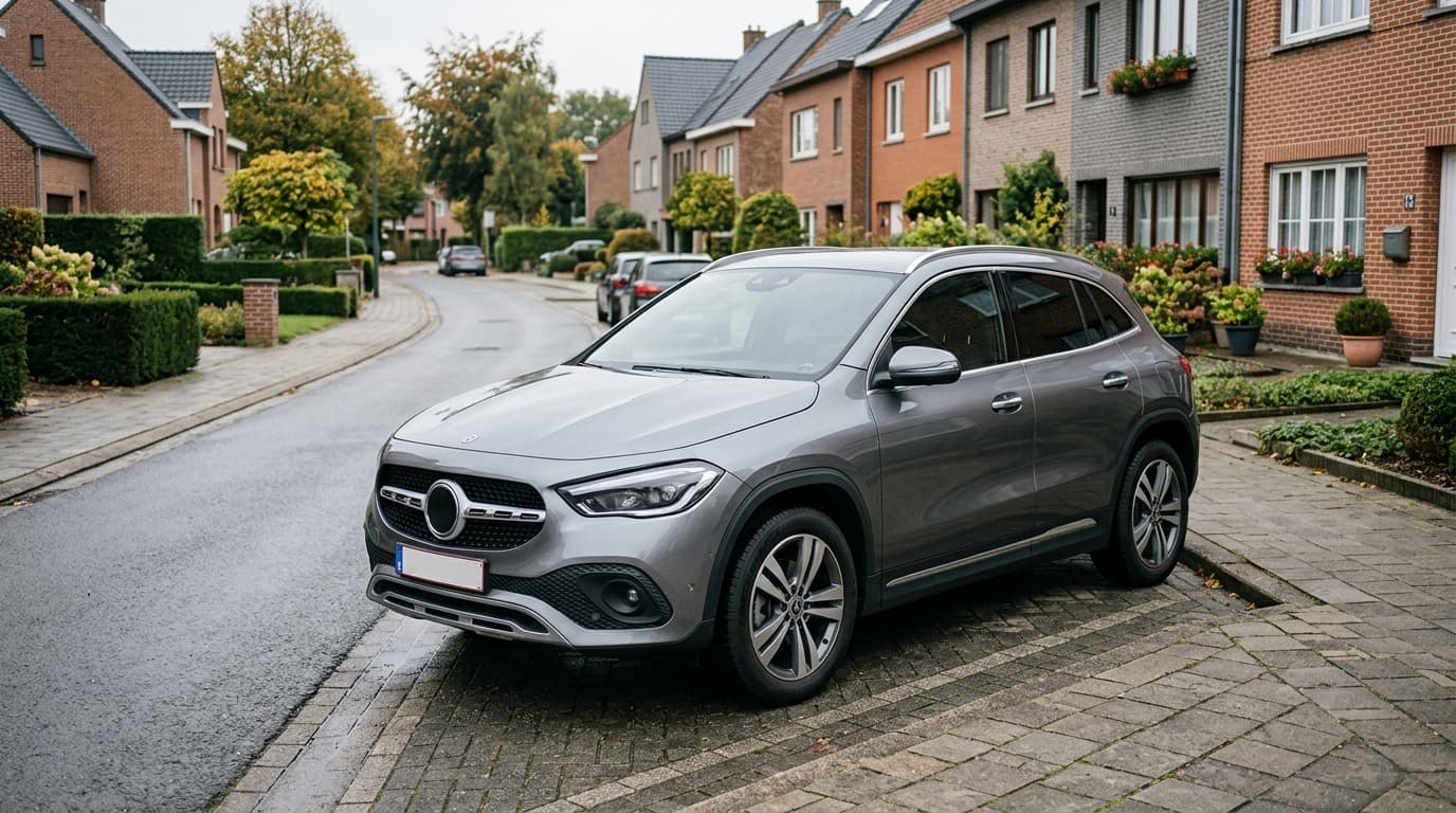 SUV familial garé devant une habitation belge, illustration du rapport prix équipement en 2026