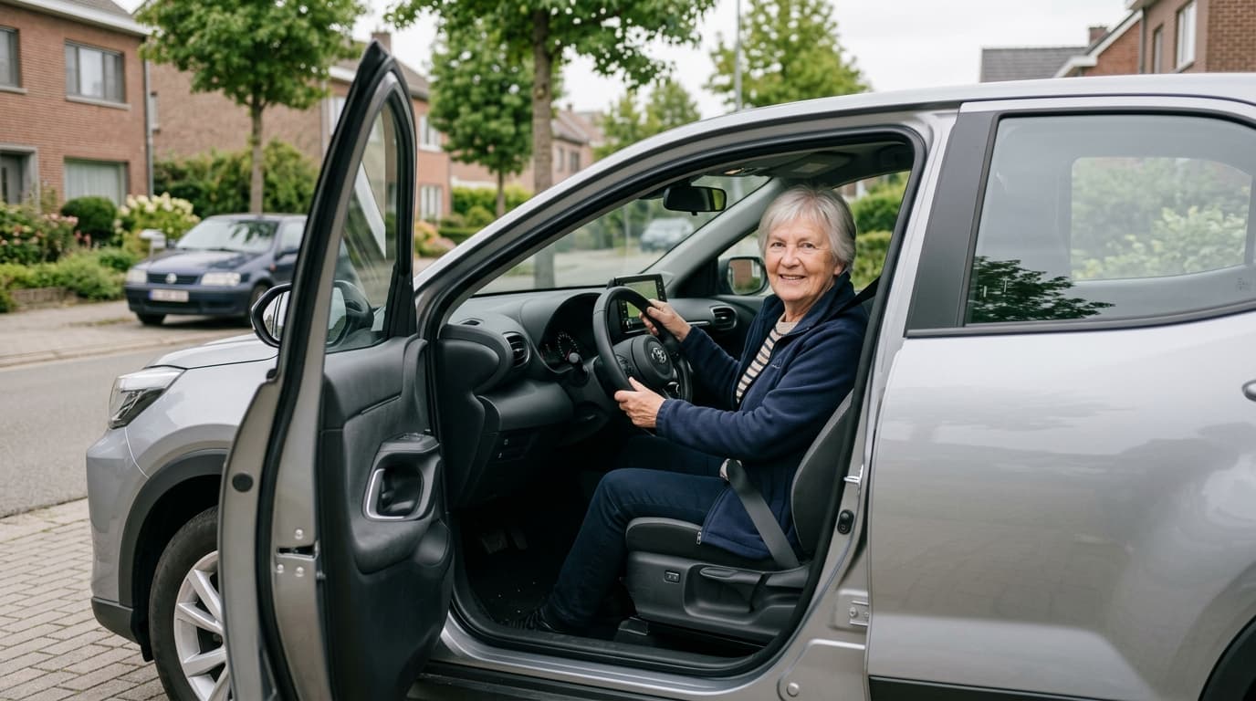 Senior driver seated at the wheel of a compact SUV, door wide open and seat set high, in Belgium in 2026