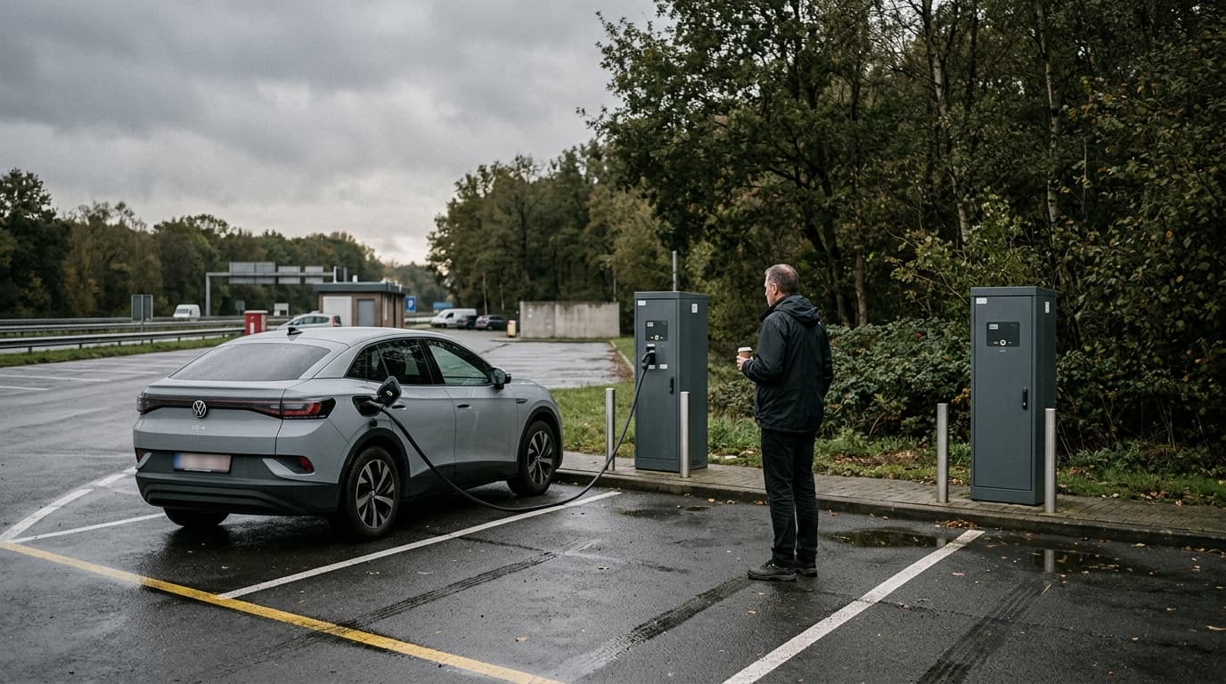 Rapid charging station at a Belgian motorway service area, electric saloon plugged in, driver waiting, 2026