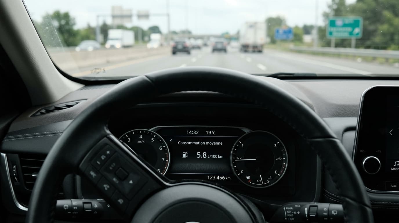 Odometer and average consumption shown on a car dashboard on a Belgian motorway in 2026