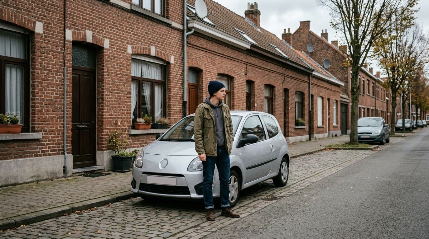 Jeune conducteur au volant d'une citadine dans une rue belge