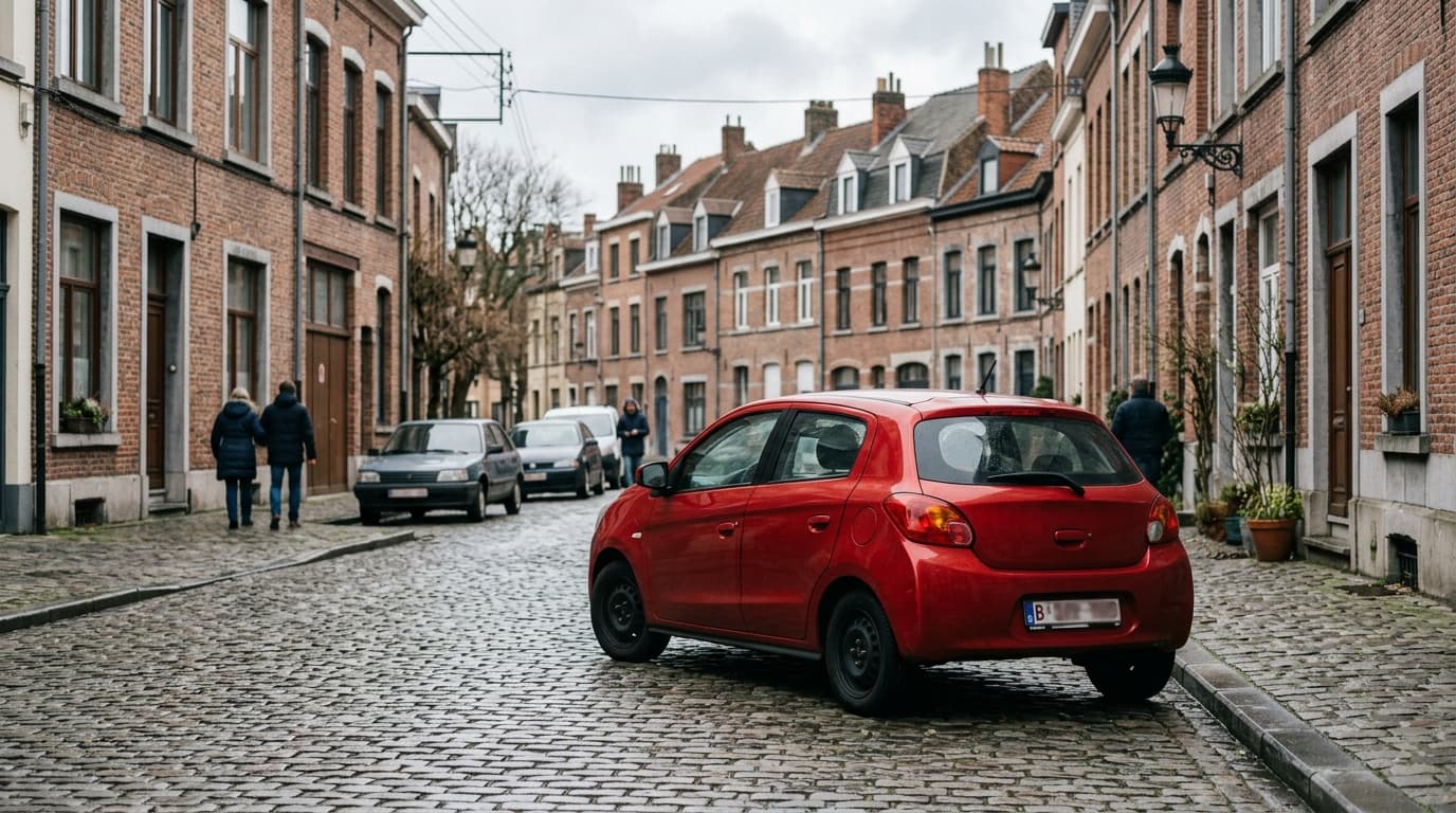 Citadine compacte sur une route belge en hiver, pneus et adhérence en conditions froides