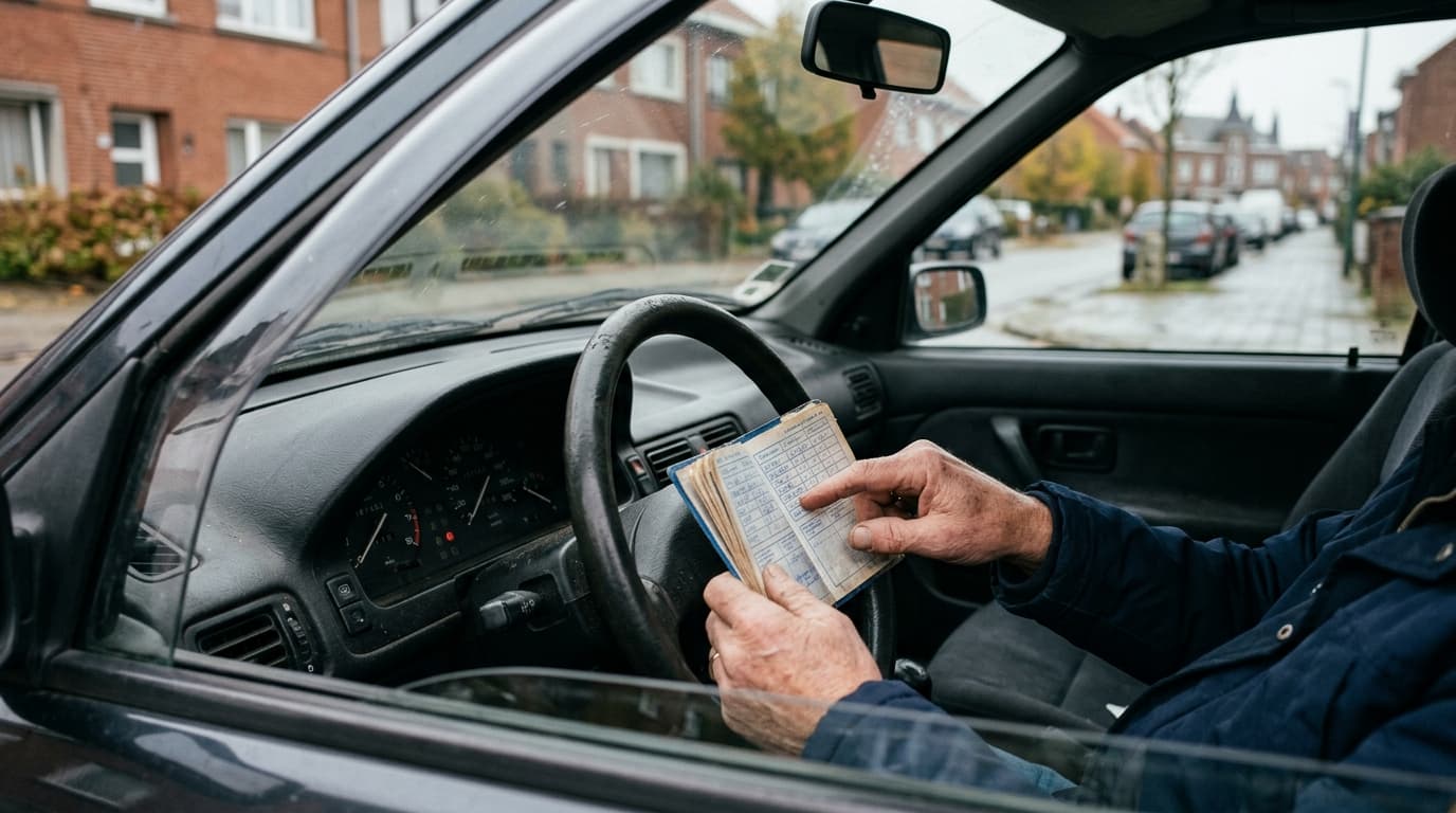 Automobiliste consultant le carnet d'entretien de sa voiture en Belgique